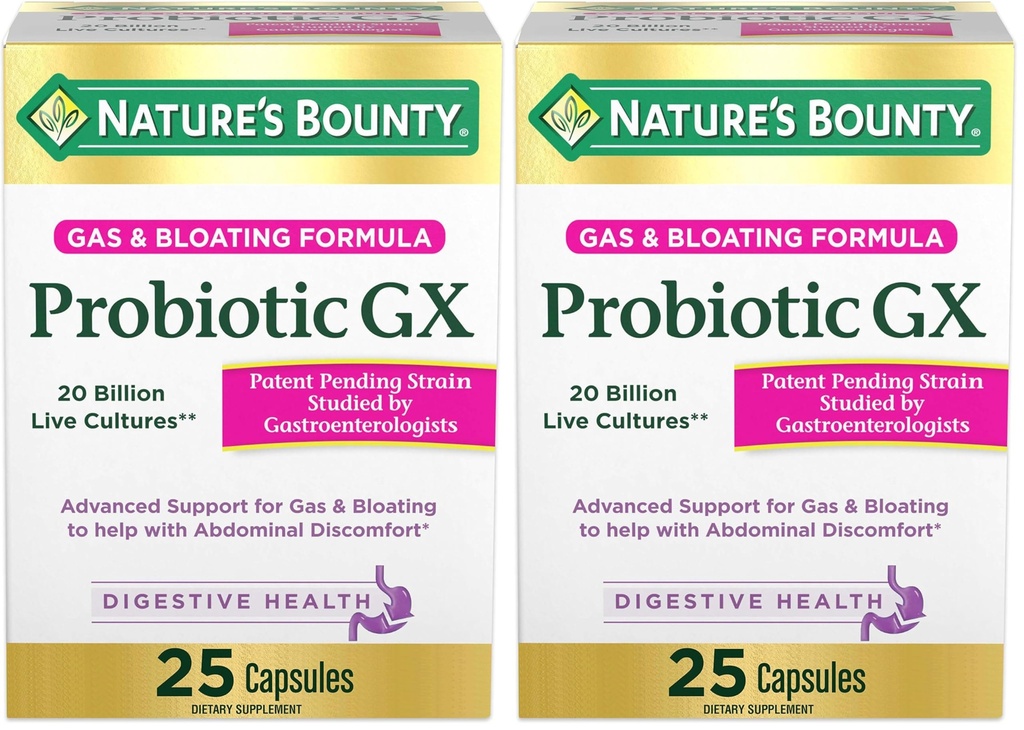 Nature's Bounty Probiotic GX, auttaa ajoittaisen kaasun ja turvotusta, Ruokavalion täydentää, Ruoansulatusterveys, 25 kapselia (Pack of 2)