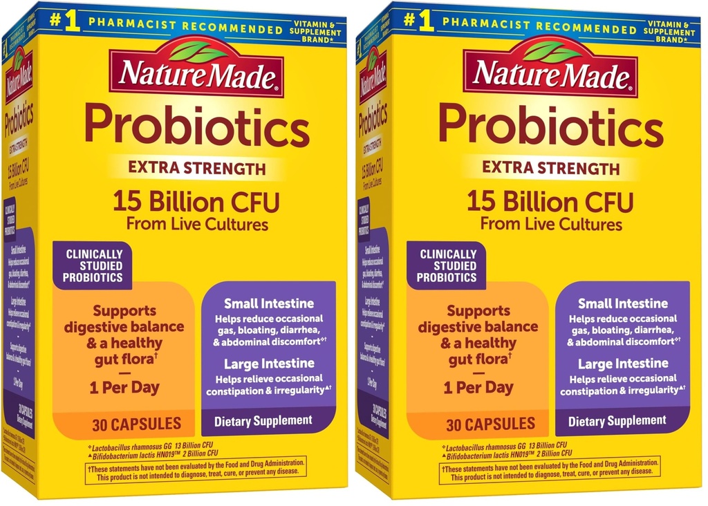 Nature Made Probiotics for Dgestive Health Extra Strength 15 miljardia PMY Live Cultures,Probiotics for Women and Men,30 Probiotic Capsules,30 Day Supply,(Pack of 2)