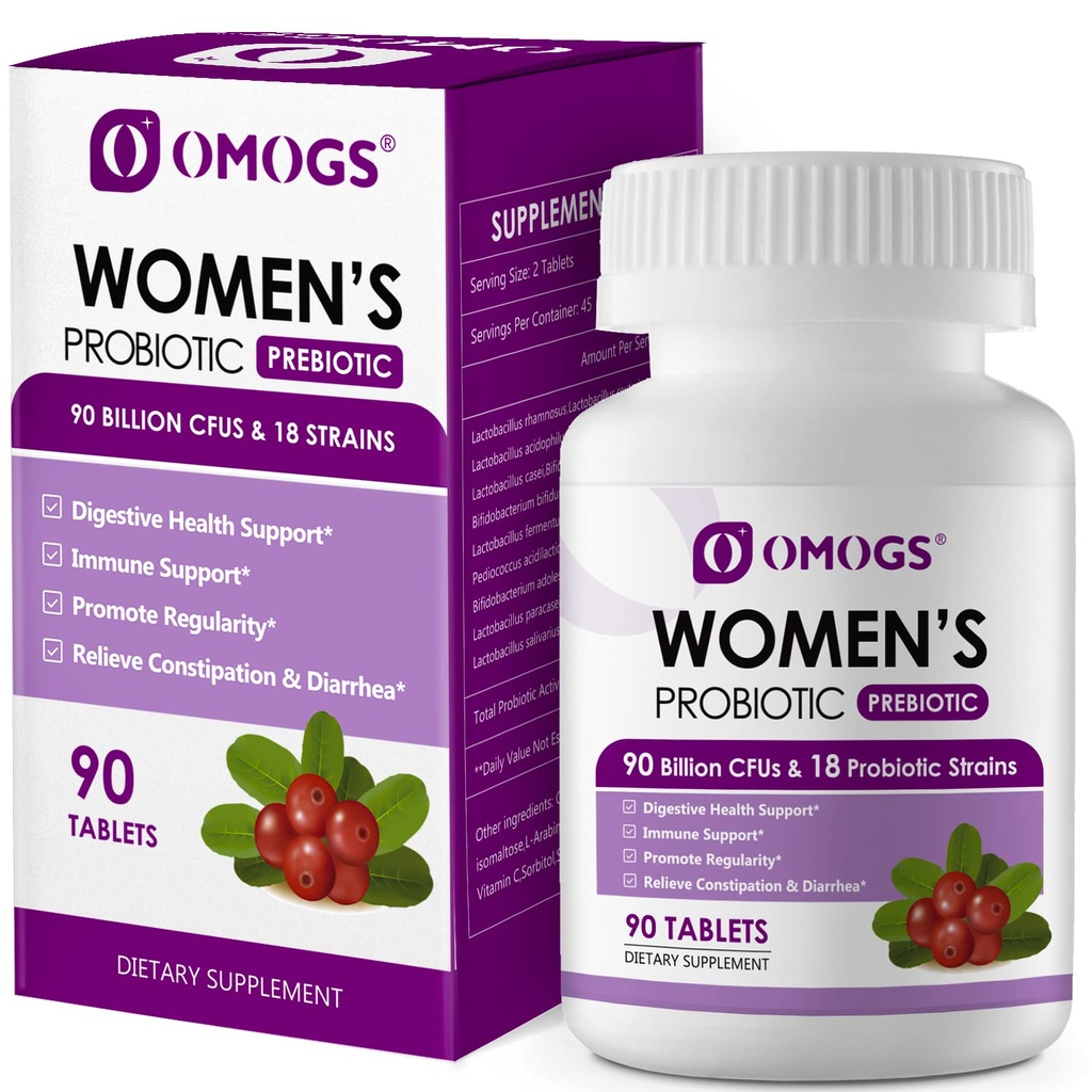 OMOGS Naisten probiootti, jossa karpalouute, orgaaninen prebiootit & C-vitamiini, 90 miljardia PMY,18 kanta, apuna immuuni, ruoansulatus, Gut Health & Women's Health, Gluten & Soy Free,90 tablettia