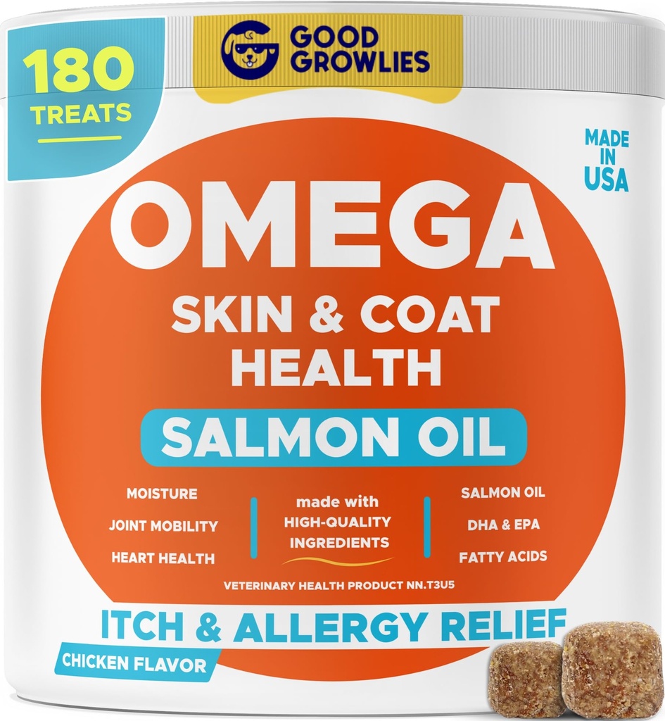 Omega 3 Fish Oil for Dog (180 Ct) - Skin & Coat Chews - Kuiva & Kutittava ihon Relief + Allergia tuki - Kiiltävät takit - EPA&DHA rasvahapot - Natural Salmon Oil Chews Mainostaa sydän, hip & Joint Support