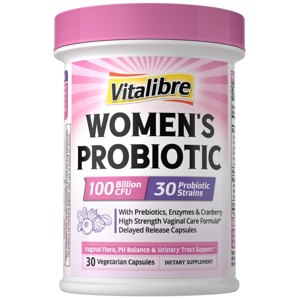 Vitalibre Probiootit naisille 30 kanta, 100 miljardia PMY emätinprobiootit digestiivisten entsyymien kanssa, prebiootit & karpalo virtsateiden hoitoon, pH-tasapaino, 30 kasviskapselia