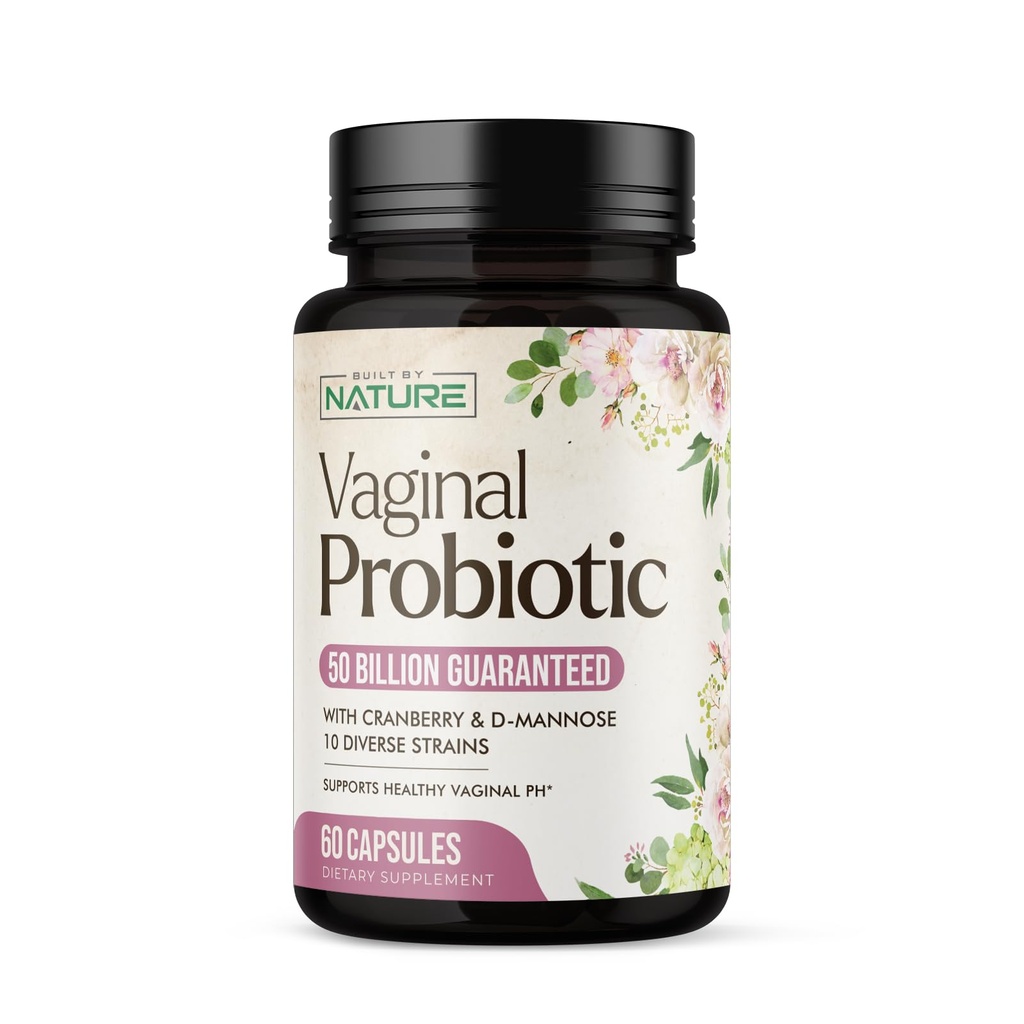 Built by Nature Vaginal Probiootit naisille pH Balance & Feminine Health with Prebiootit, Lactobacillus & Cranberry Extract ... 50 miljardia PMY..