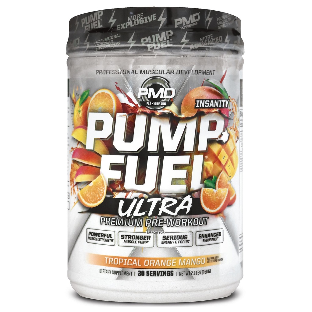 PMD Sport Pump Fuel Ultra Insanity - Premium Pre Workout Powder & Muscle Pump, större fokus, uthållighet och återhämtning, Premium Creatine, Arginine & Beta Alanine, Tropical Orange Mango (30 portioner)