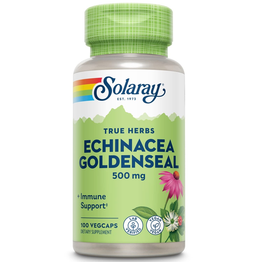 SOLARAY Echinacea Goldenseal - Kraftfullt blandning av två växtbaserade kosttillskott för Wellness Support - 250mg Ea Echinacea Root och Goldenseal Root - Non GMO, Vegan, Gluten Free, 60-dagars garanti, 100 portioner