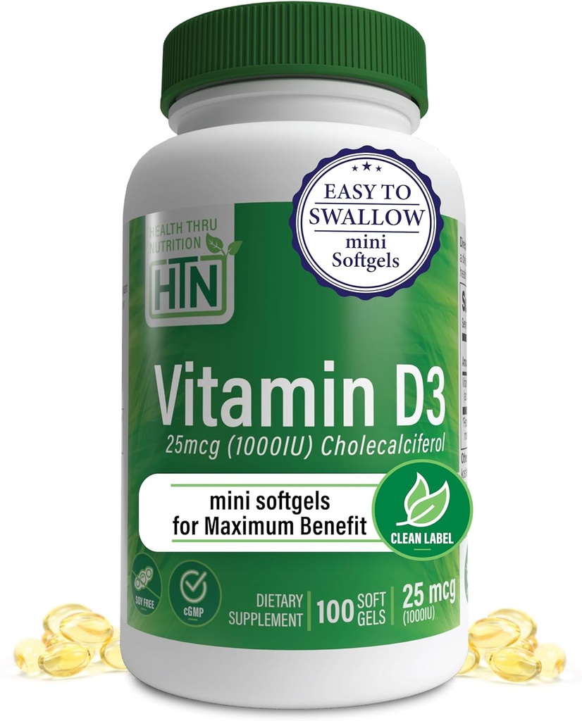 Health Thru Nutrition Vitamiini D3 1000iu 100 Mini Softgels suurin hyöty ... 25 mcg Kolekalsiferoli 3. osapuoli testattu... Orgaanisen EVOO:n aste Immuunijärjestelmän tuki