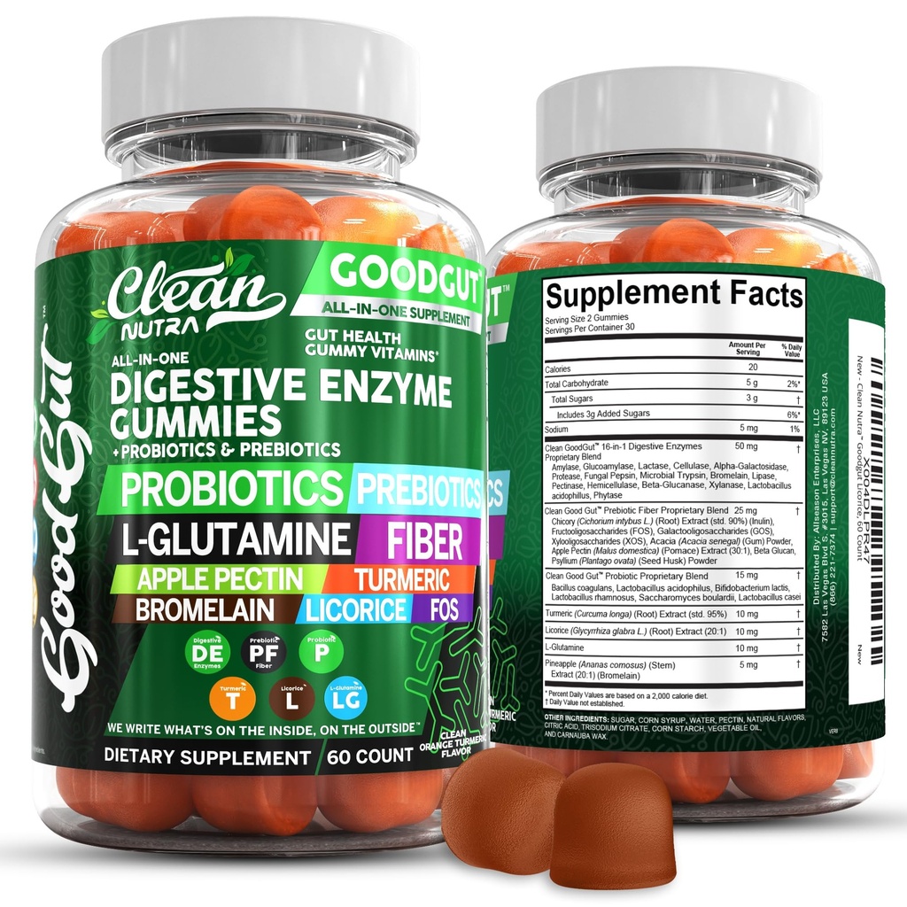 Clean Nutraceuticals Ruoansulatuskanavan entsyymit, joissa on probiootteja ja prebiootteja digestiiviselle terveydelle Gut Health Bromelain Apple Pectin Inulin FOS -kasvin Gummy-vitamiinit