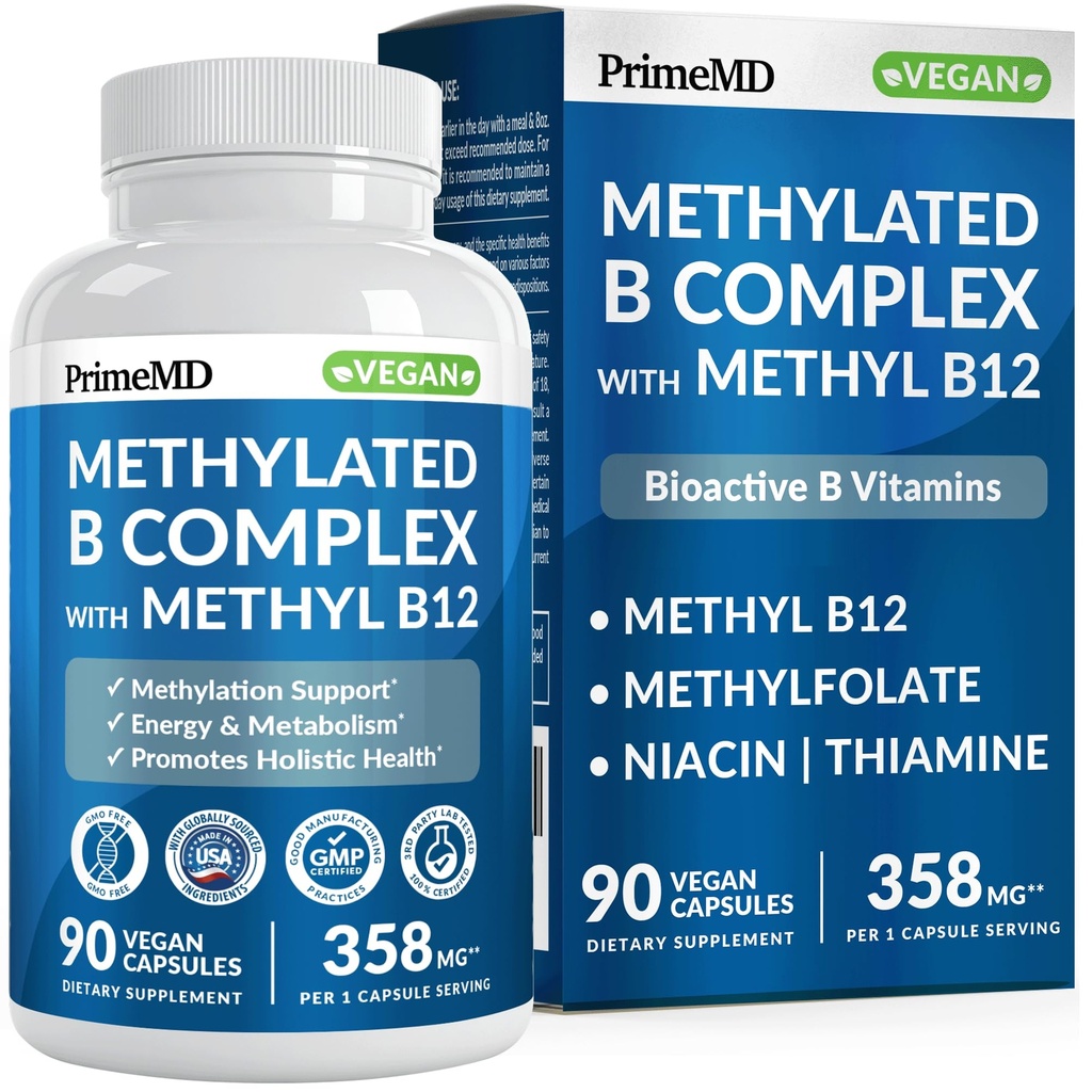 Metylerad B-komplex med Methylfolate och B12 Methylcobalamin 1000 mcg - Methylated Multivitamin för energi, hjärnfunktion och Wellness - Vitamin B-komplex för män och kvinnor (90 portioner) (Pack of 1)