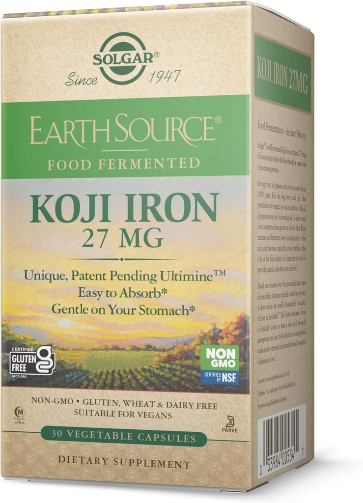 Solgar Earth Source Food Fermented Koji Iron 27mg, 30 Vegetable Capsules - Högre Absorption, långsam frisättning järn - Gentle på magen - Non-GMO, Vegan, Gluten Free, Dairy Free, Kosher - 30 portioner