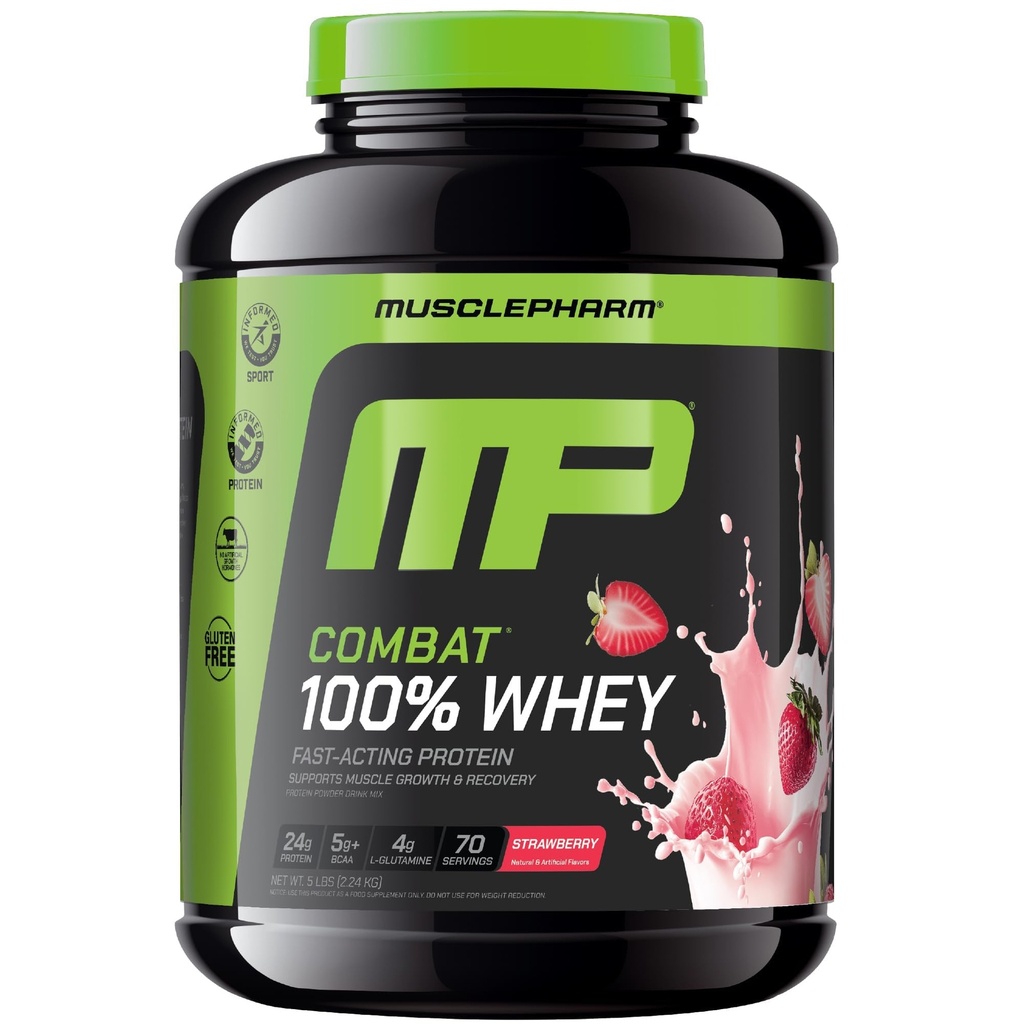 MusclePharm Combat 100% Whey Protein Powder, Strawberry Cream Maku, Nopea Recovery & Lihasvoide Whey Protein Isolate, High Protein Powder for Women & Men, Gluteeniton, 5 kg, 70 tarjoilua
