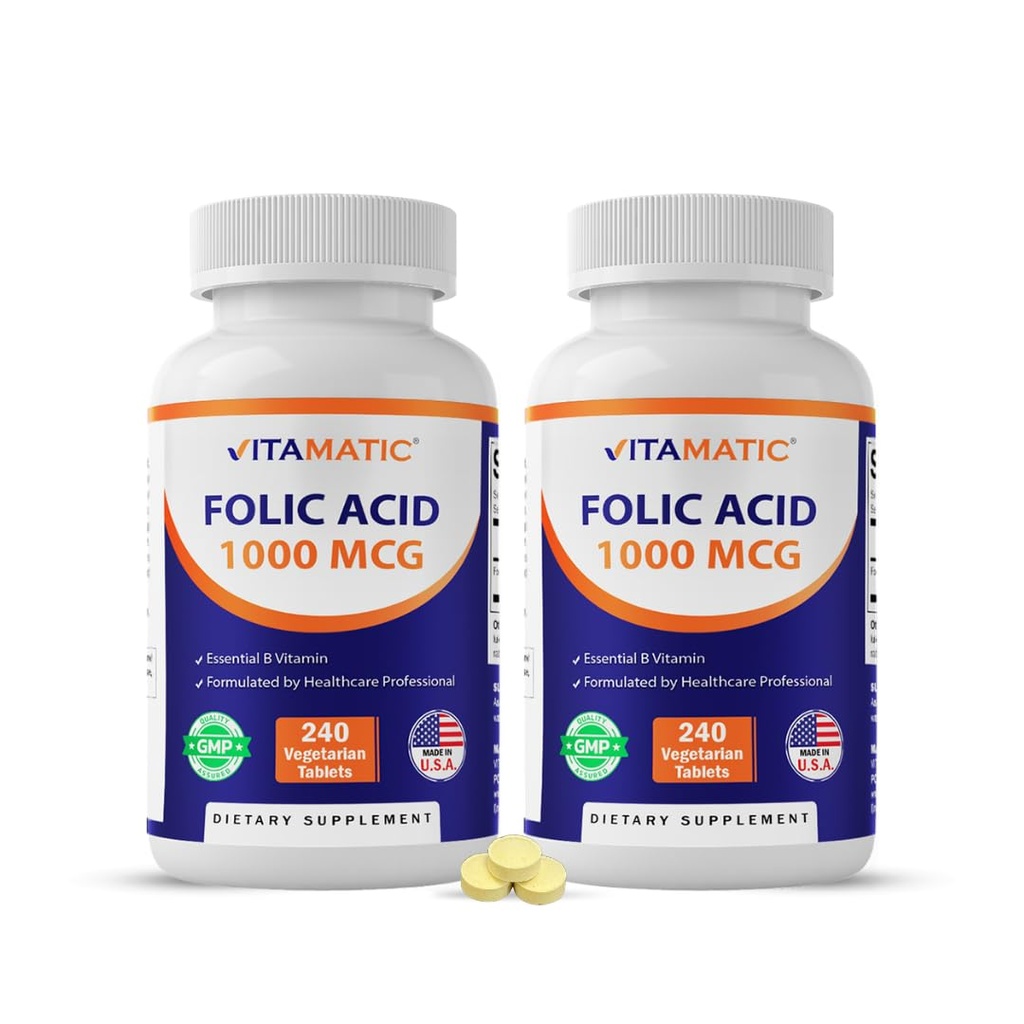 Vitamatic Folic Acid 1000 mikrog (1 mg) 240 kasvistablettia (Pack of 2) 1667 mikrog DFE 