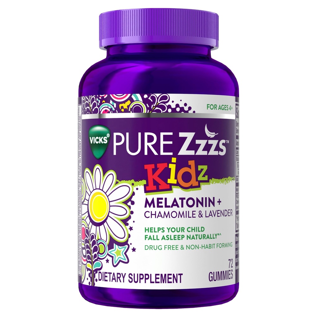 PURE Zzzs Kidz, Lapset Melatoniinikumi, unilääke, pieni määrä melatoniinia lapsille, kamomilla ja Laventeli, Melatoniini 1 mg, Melatoniini Gummies Lapset, Berry Flavored, 72 Unia Gummies
