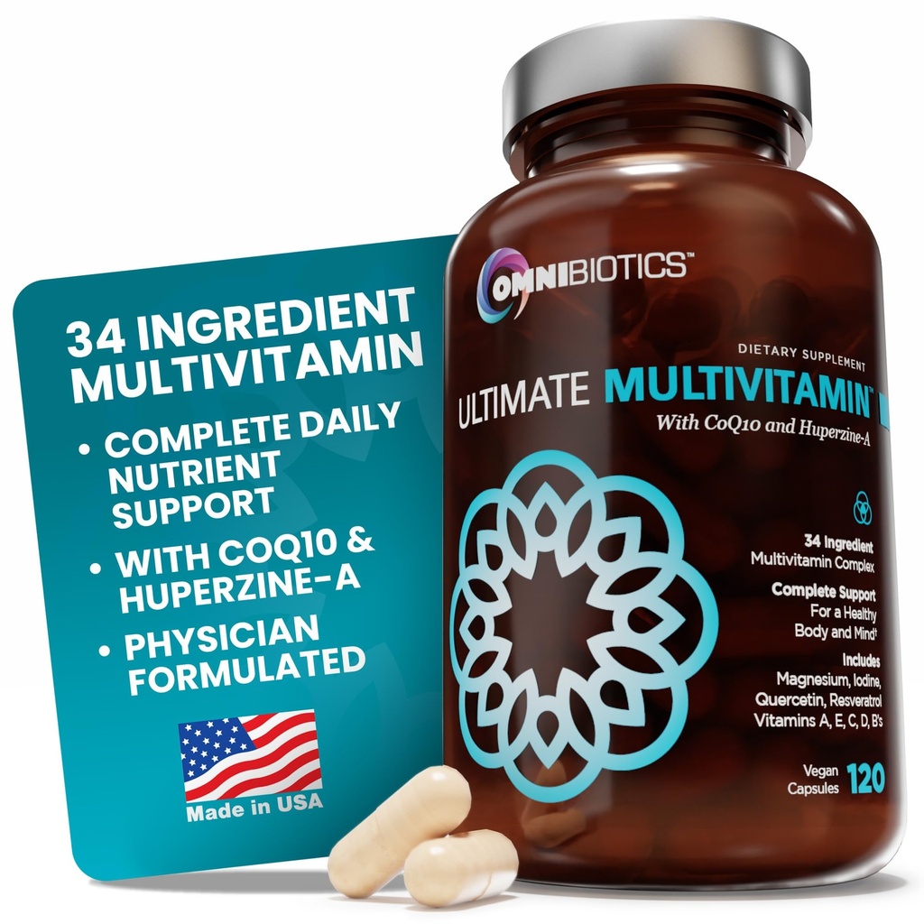 OmniBiotics Ultimate Daily Multivitamin för kvinnor och män - 34 väsentliga ingredienser inklusive vitamin A, C, D, E, B6, B12, Biotin, Zink - 120 Vegan kapslar