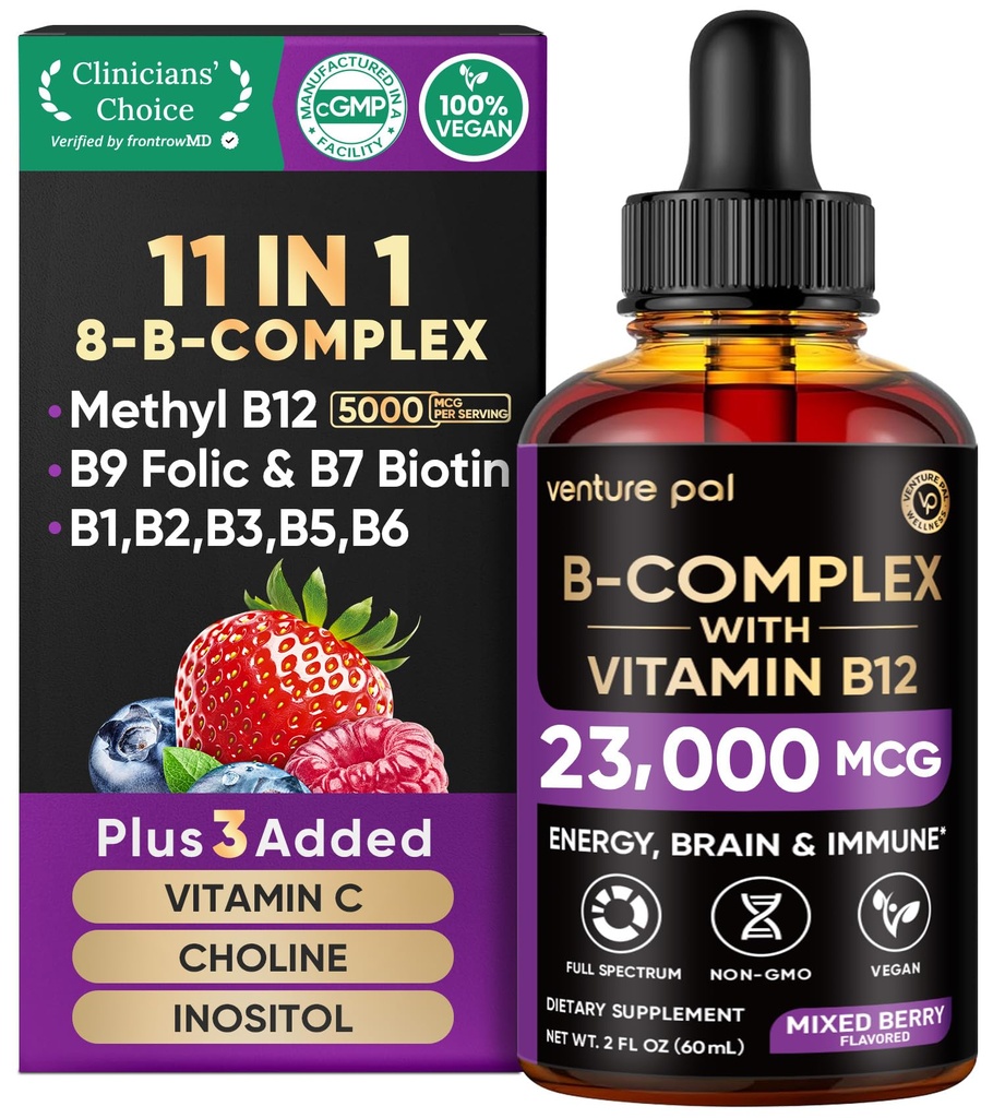 Venture Pal-vitamiini B Complex Liquid Drops, B12 Methylcobalamiini B9 Folic B1,B2,B3,B5,B6,B16 - C-vitamiini, koliini, inositoli, immuuni- ja energia-aineenvaihdunta, aivojen ja sydämen tuki