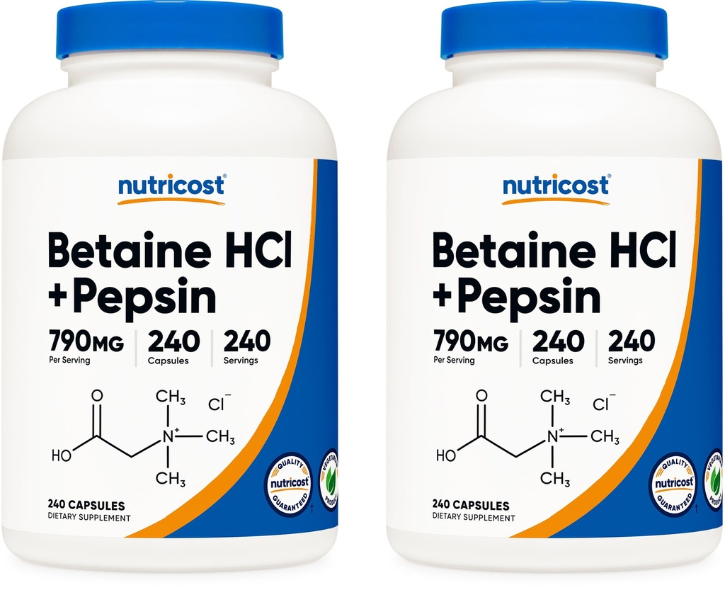 Nutricost Betaine HCl + Pepsin 790 mg, 240 kapselia, 2 pulloa (480 kapselia)