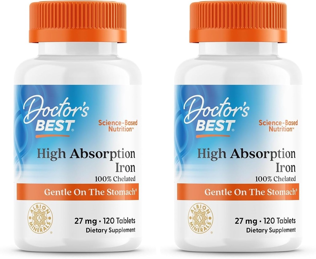 Doctor's Best High Absorption Iron Tablet with Ferrochel, Gentle on the Smaach, Immune Health, Blood Health, 27 mg (pakkaus 2)