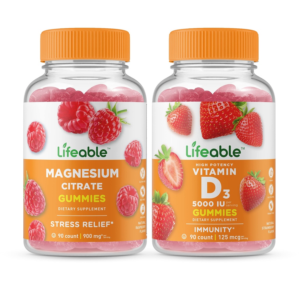 Livlig magnesium + Vitamin D 5000 IE, Gummies Bundle - Stor smak, vitamintillskott, Glutenfri, GMO Gratis, Chewable Gummy