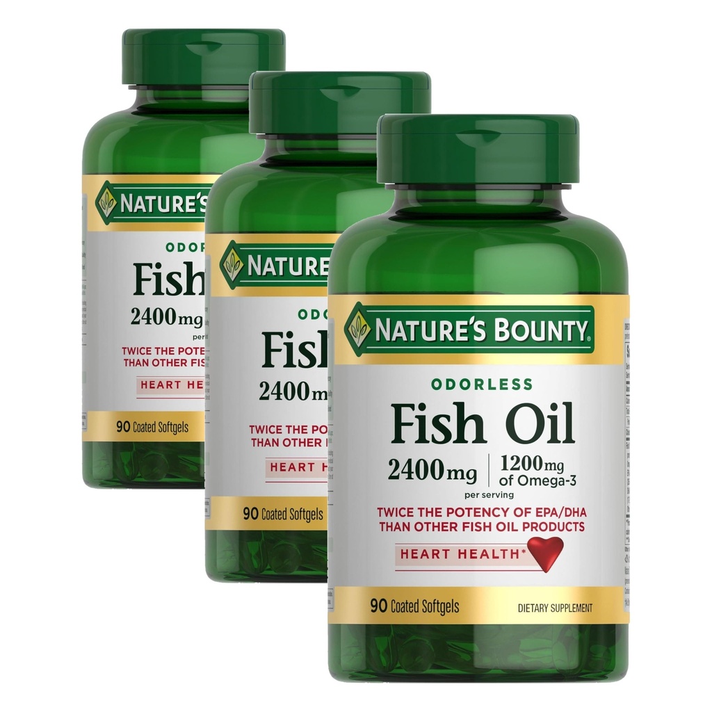 Naturens Bounty Odorless Fish Oil, 1200mg Omega-3 per servering inklusive EPA & DHA, stöder hjärthälsa, renade för att eliminera kvicksilver, belagda Softgels, Gluten Free, No Shellfish, 90 Count, (Pack of 3)
