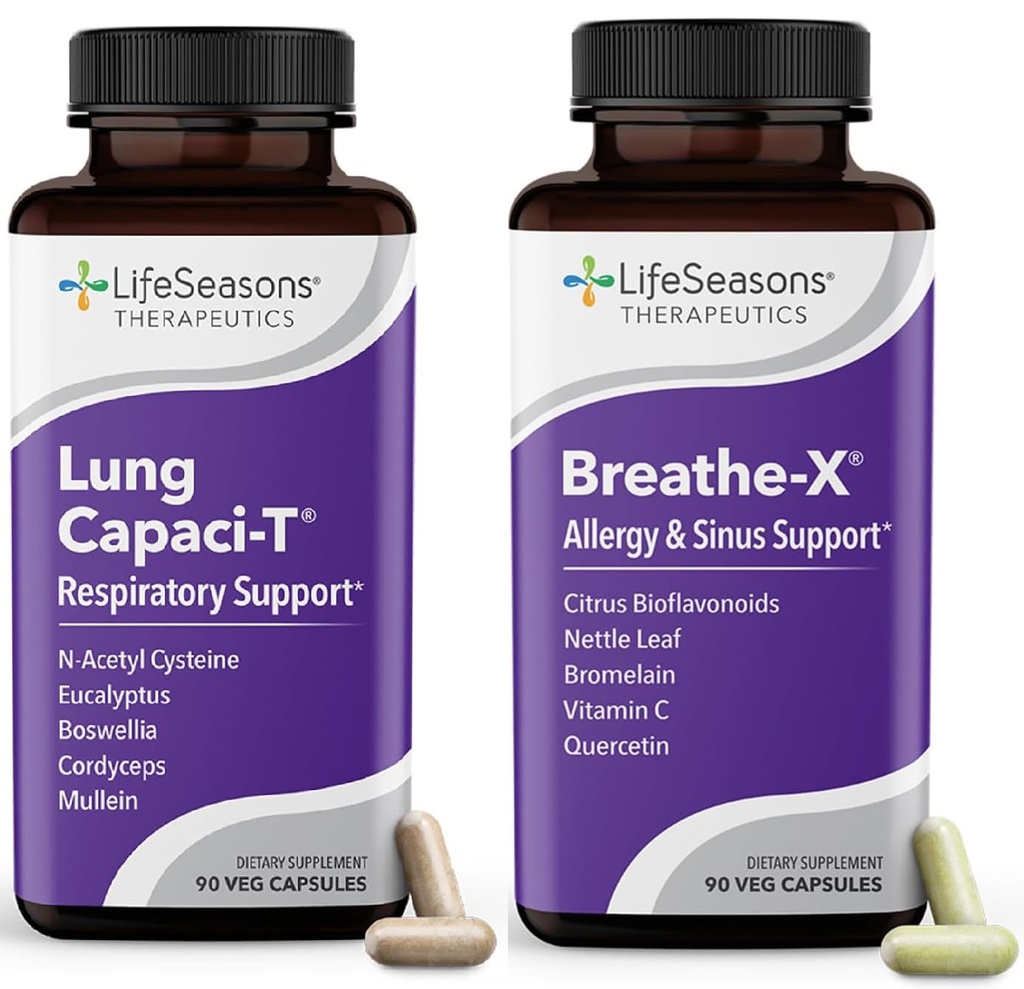 LifeSeasons Breathe-X med Lung Capaci-T - Allergy & Respiratory Support - Fast Acting Sinus Relief - Ökar Oxygen Capacity & Reduces Mucus - 180 kapslar