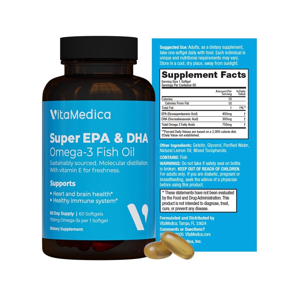 High-Potency, Super EPA / DHA Fish Oil 750mg av Essential Omega-3 Fatty Acids | EPA & DHA | Hjärthälsa, Hjärnhälsa, immunsystemhälsa