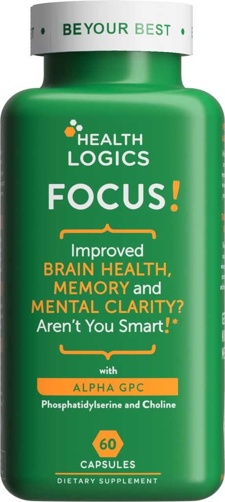 Terveys Logiikka Focus! - Aivolisä muistille, selkeys, keskittyminen Choline, Ginkgo Biloba, Alpha GPC, Fosfatidyyliseriini, Bacopa Monnieri l 60 kapselia l ei-GMO