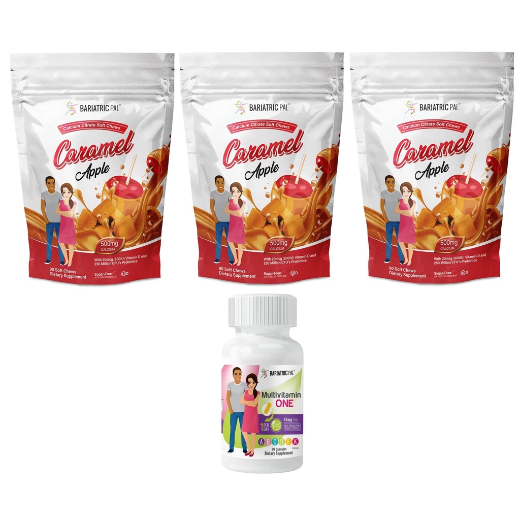 BariatricPal 90-päivän bariatrinen vitamiini Bundle (Multivitamiini ONE 1 per päivä! Kapseli, jossa 45 mg rautaa ja kalsiumia Sitraattia pehmeät purut 500 mg Probiootit - Caramel Apple)