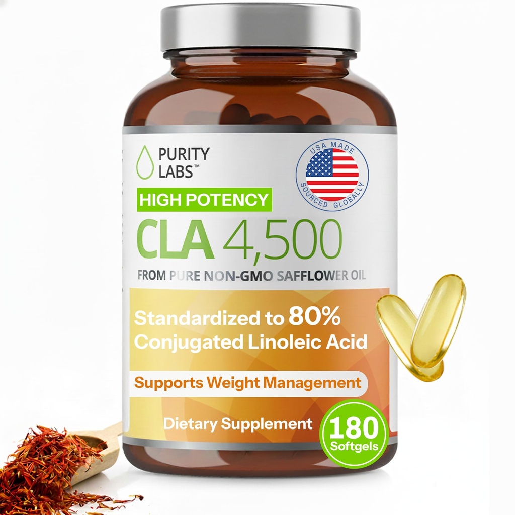 Puhtaus Labs CLA lisäravinteet 4500MG - Ei-GMO Safloriöljy - Tukee energiaa, painon menetys, sydänterveys, ja lihasten terveys - 180 Pehmeät geelit