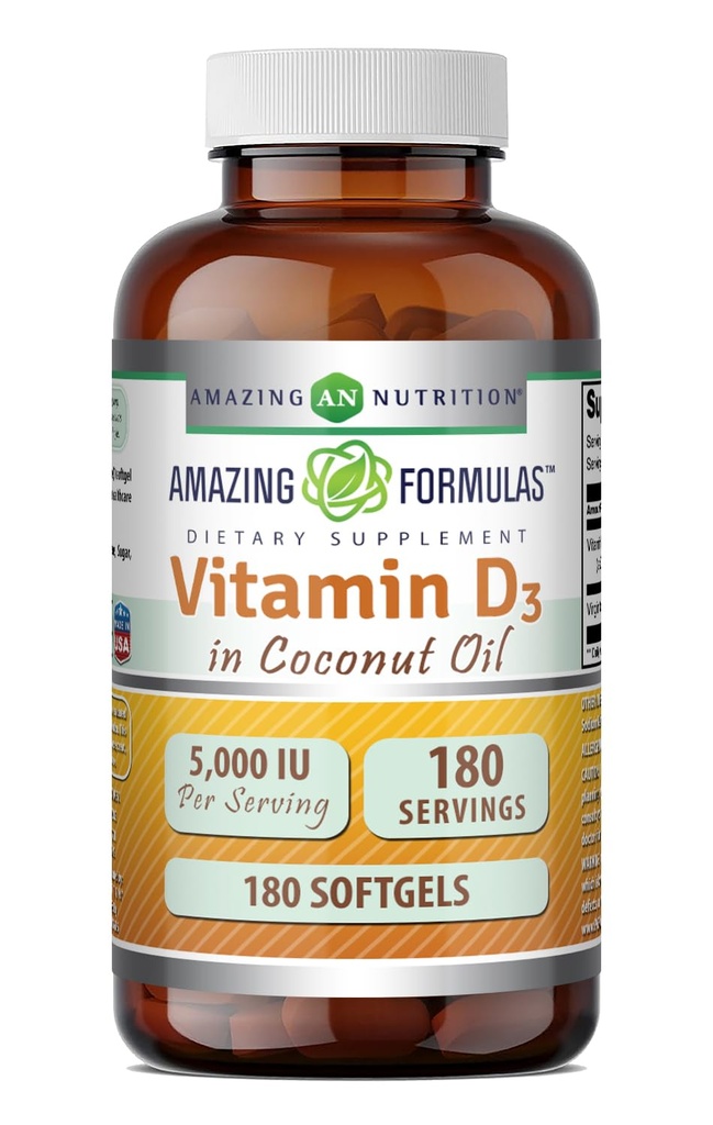 Fantastiska formler Vitamin D3 med Coconut Oil Supplement | 5000 IE Per Serving | 180 Softgels | Non-GMO | Gluten Free | Made in USA