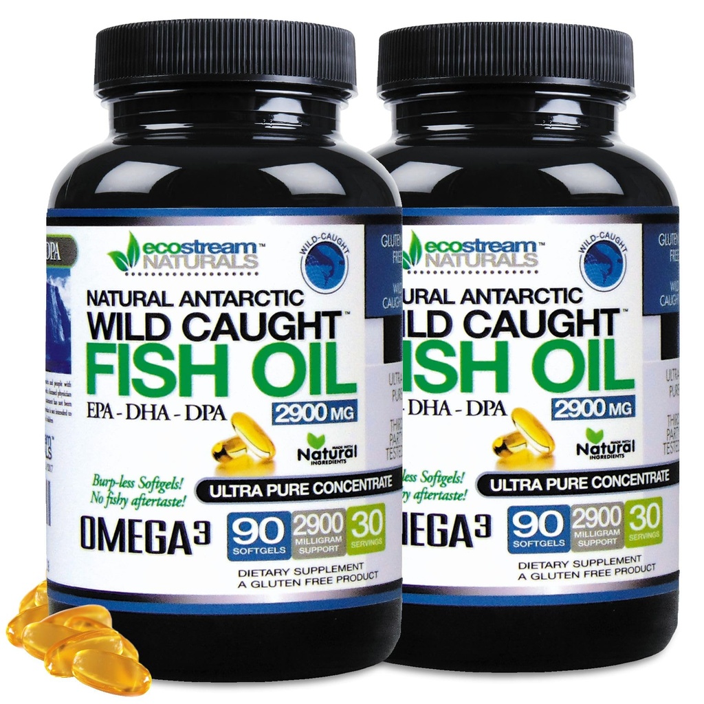 (Pack of 2) Natural Antarctic Wild Caught Omega 3 Fish Oil DPA-EPA-DHA Supplement 2 900 Milligram Triple Strength Ultra Pure Concentrated SoftGels - No Fish Tasting Burps