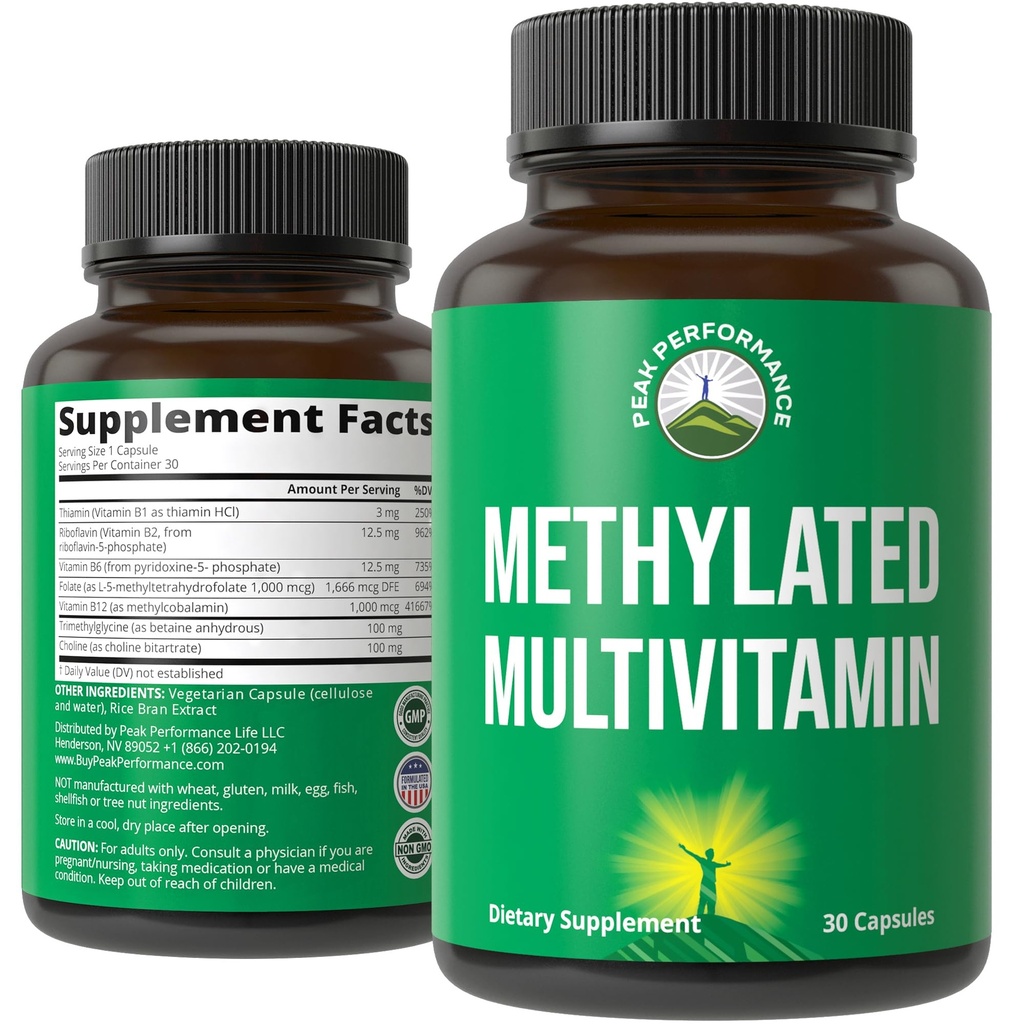 Methylated Multivitamin + Methylated B Complex Supplement. Med Trimethylglycin (TMG), L Methylfolate, Methyl B12 + B1 + B2 + B6 Vitamins + Choline. MTHFR Supplement för kvinnor och män. Vegan Capsules