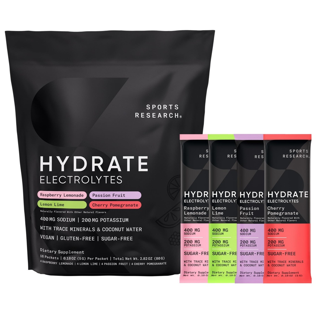 Sports Research® Hydrate Electrolytes Powder Packets - Sugar-Free & Naturligt smaksatt med vitaminer, mineraler och kokosvatten - Stöder Hydration - 16 Packets - Variety Pack