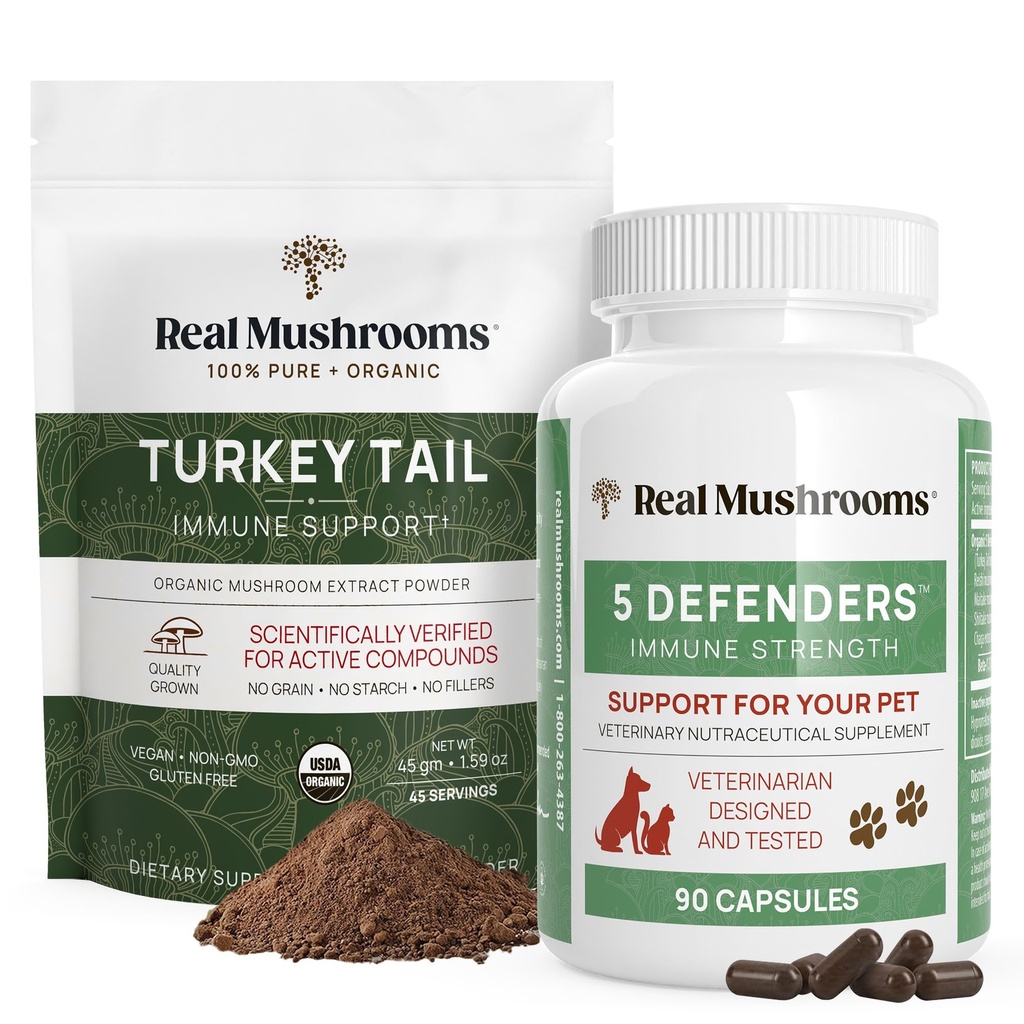Real Mushrooms Turkiet Tail Powder för människor (45 portioner) och Turkiet Tail för husdjur (90ct) - Powder & Capsules Bundle för immunstöd - Vegan, icke-GMO, Grain-Free, Gluten-Free
