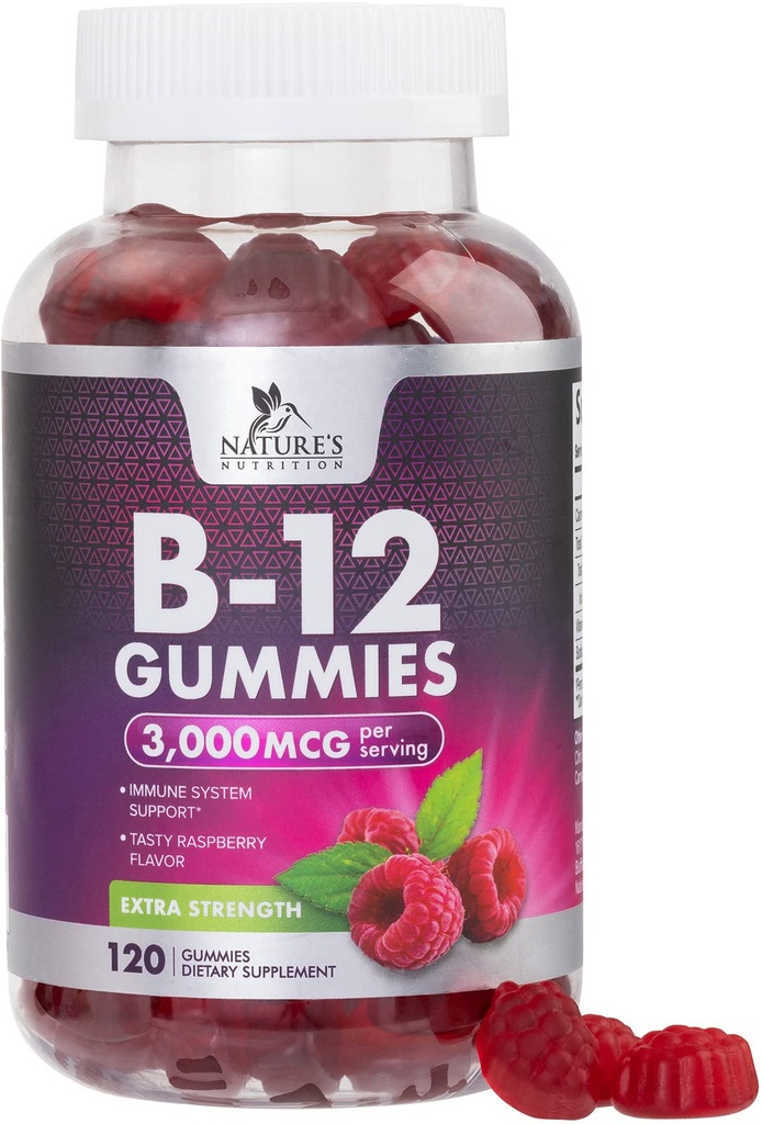 B12 Vitamiinit energia Gummies 3000 mcg - Extra Strength B 12 Gummy for Metabolia & Immunomy System Support - Pureskeltava ruokavalio B12 täydentää aikuisille & lapsille kofeiiniton gummy vitamiini - 120 Gummies