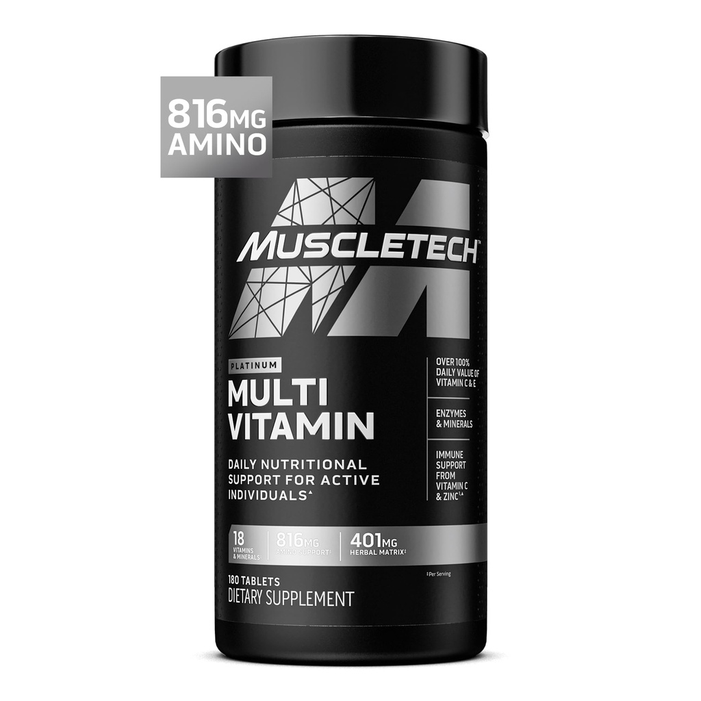 Muscletech Platinum Multivitaminer för Män & Kvinnor - Multi-Vitamin Supplement för Immune Support - 18 Vitaminer & Mineraler, Vitamin A C D E B6 B12 - Dagliga träningstillskott för Män - 180 kapslar