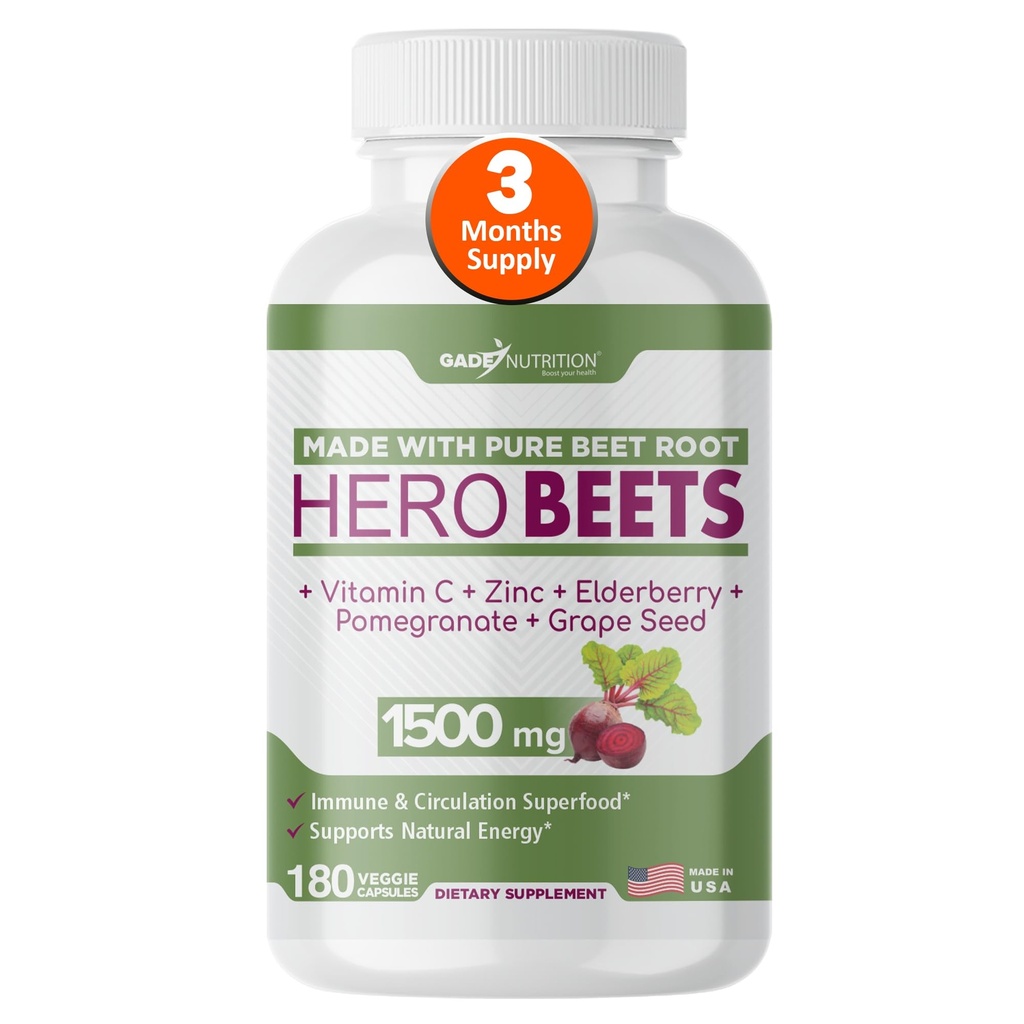 Gade Nutrition Hero Beets - Beet Root Capsules 1500mg - Organic Beet Root Powder + Vitamin C Zink, Elderberry, Pomegranate, Grape Seed Extract - 3 månaders leverans