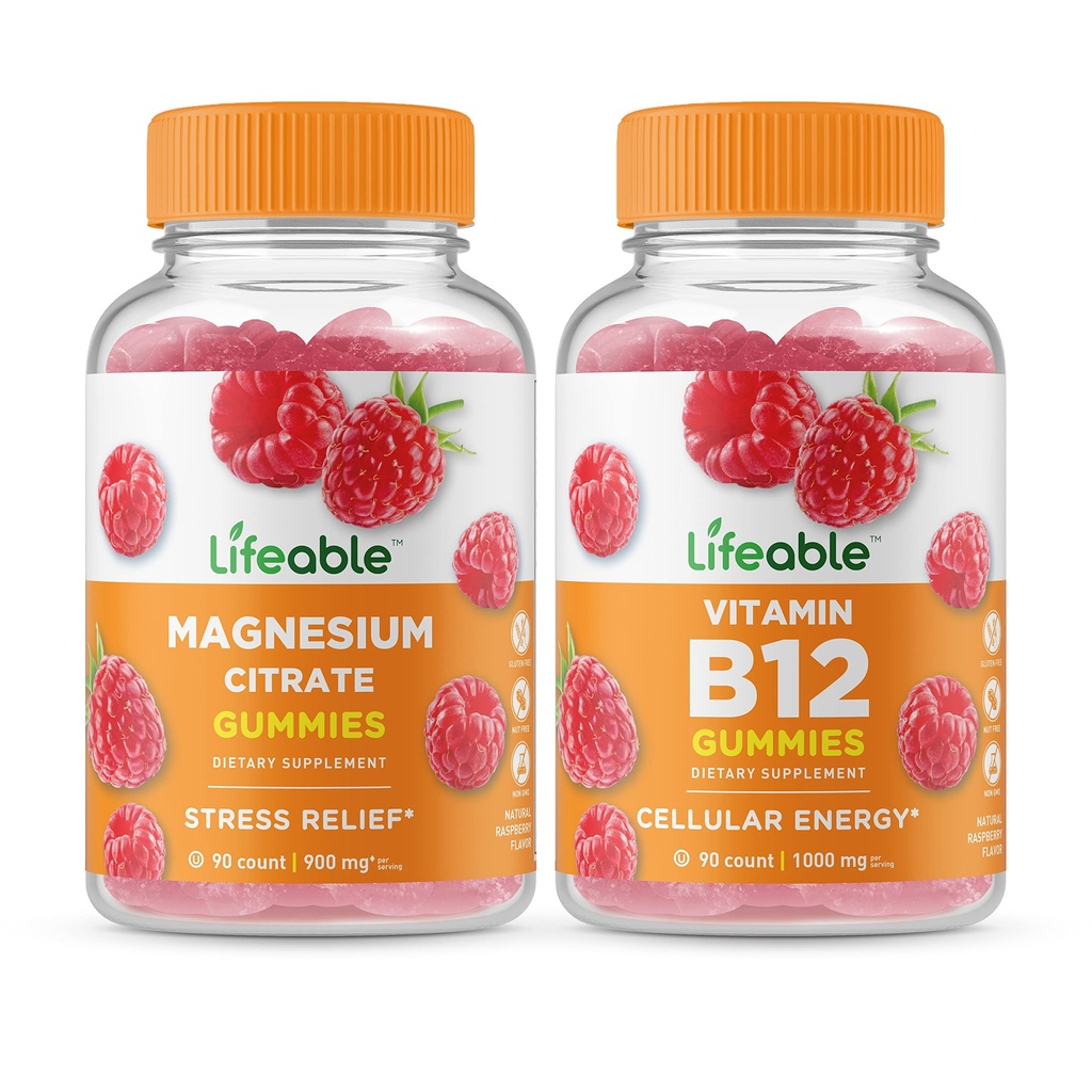 Livlig magnesium + Vitamin B12, Gummies Bundle - Stor smak, vitamintillskott, Gluten Free, GMO Free, Chewable Gummy