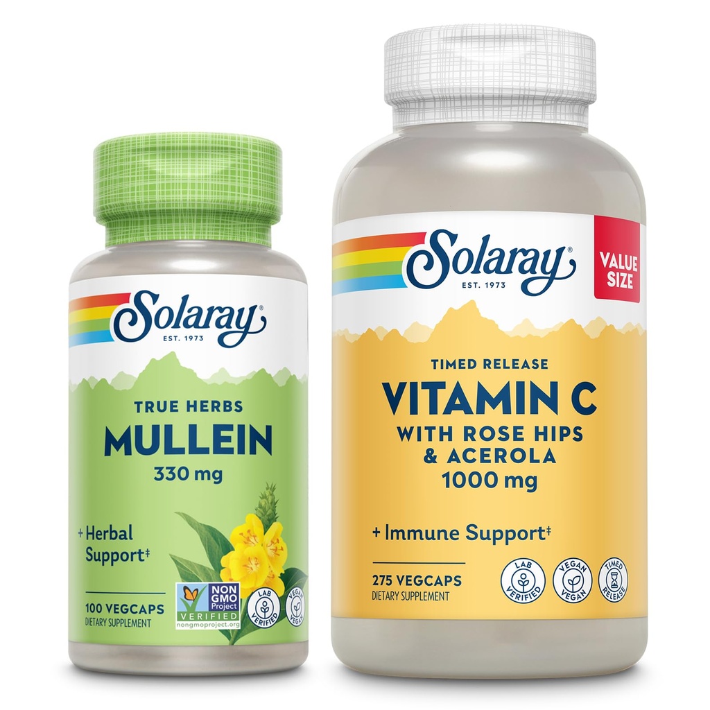 SOLARAY-vitamiini C 1000 mg ja Mullein Leaf Wellness Bundle - Aikavapautus C-vitamiinin täydentää ja Müllein-kapselit, perinteisesti käytetty hyvinvointi tuki - Vegan, 60 päivän takuu, 275/100 VegCaps