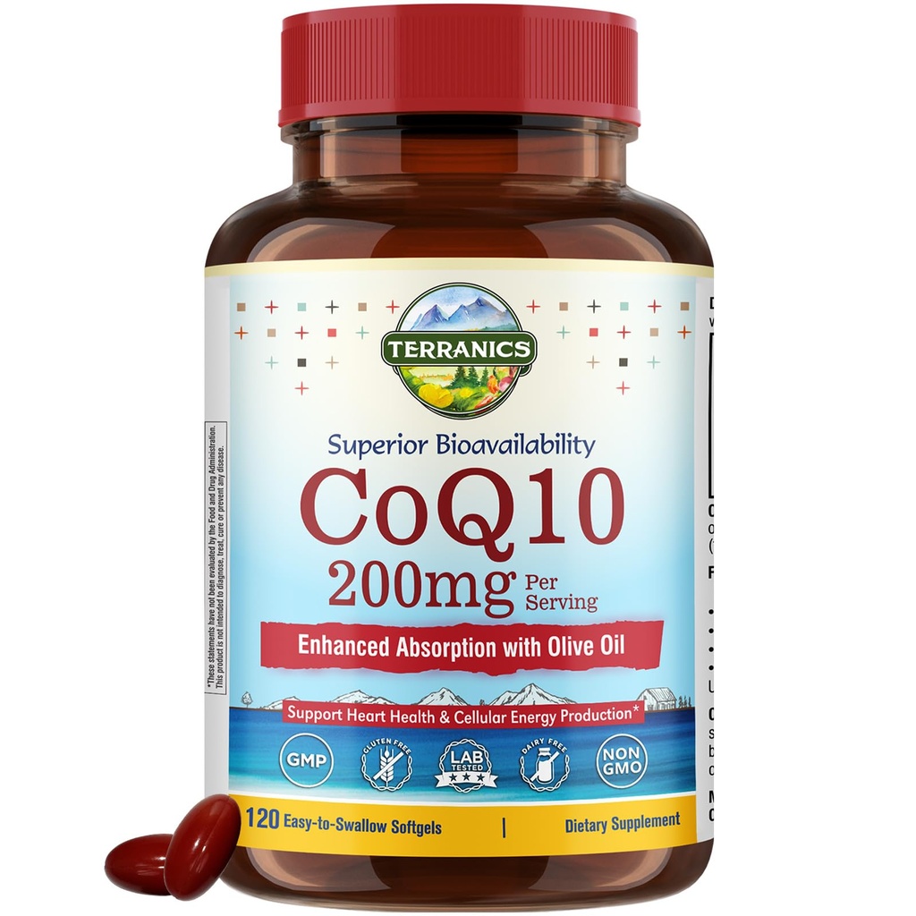 Terranics CoQ10 200mg, Coenzyme Q10 täydentää Extra Neitsyt Olive Oil for Enhanced Absorption, Valmistettu Yhdysvalloissa, Tukee Heart Health, hapettumisenesto, energian tuotanto, ei-GMO, 120 Softgels