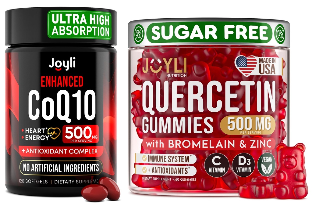 Kvarcetiinia, jossa on bromelaiinia & CoQ10 500 mg Bundle ... 120 Coenzyme Q10 Softgels + 60 sokeritonta Quercetin Gummie-valmistetta, sinkkiä, C-vitamiinia ja D3-vitamiinia.