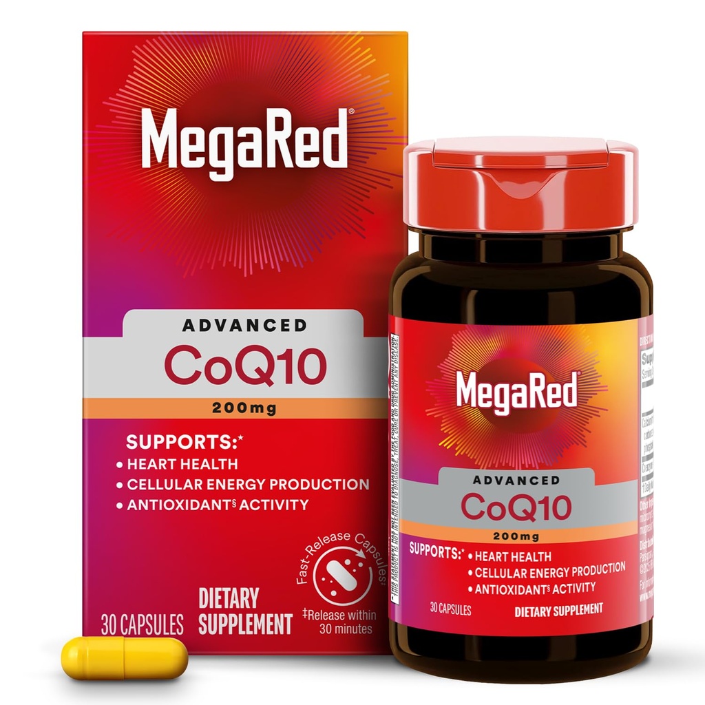 MegaRed Advanced CoQ10 lisäravinteet - 200mg per tarjoilu, tehokas antioksidantti, joka tukee solun energian tuotantoa ja suojaa vastaan vapaa radikaalit*- 30 Coenzyme Q10 kapselit, 30 tarjoilua