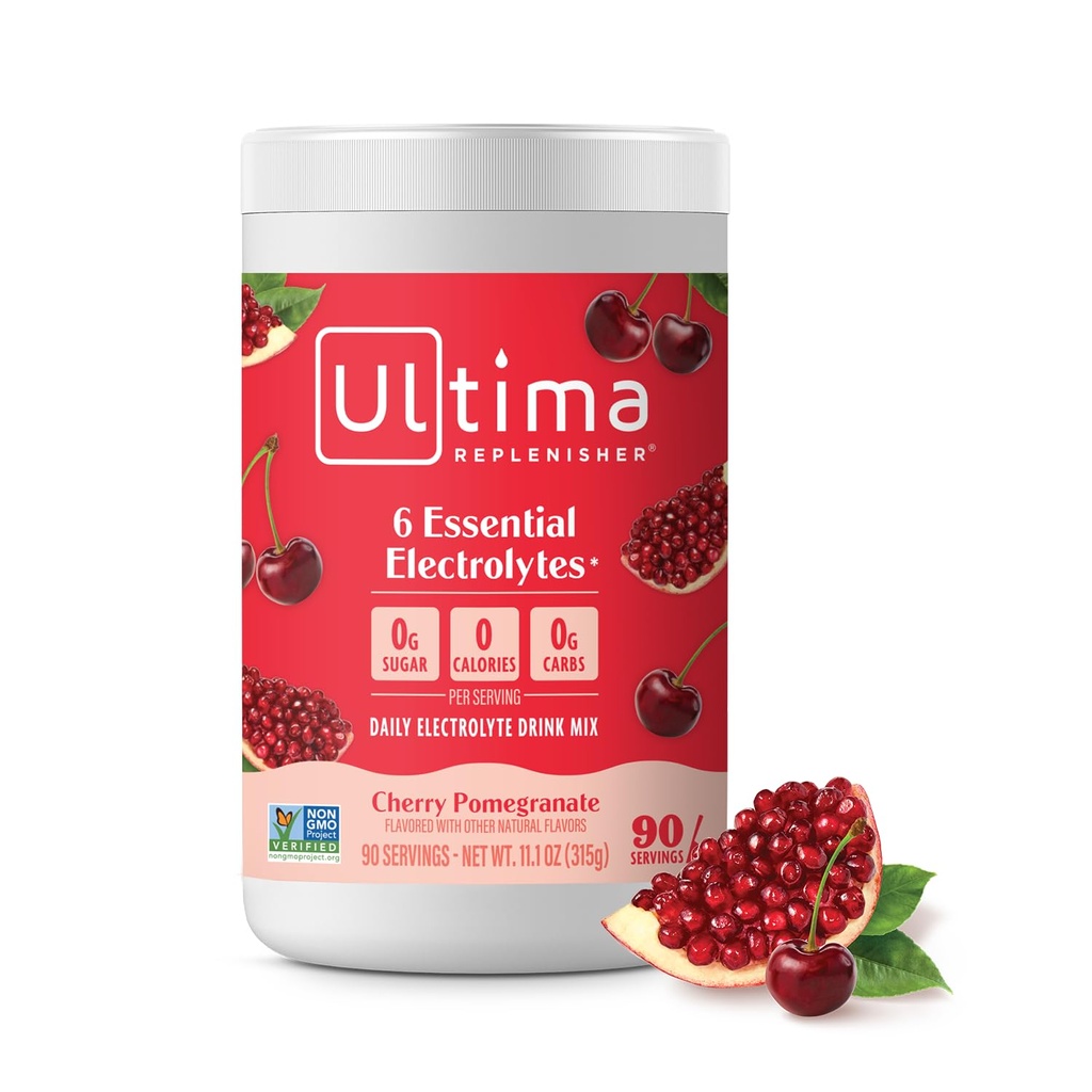 Ultima Replenisher Daily Electrolyte Powder Drink Mix - Sugar Free - Cherry Pomegranate, 90 Servings - Hydration Powder med 6 Electrolytes & Minerals - Keto Friendly, Vegan, Non-GMO