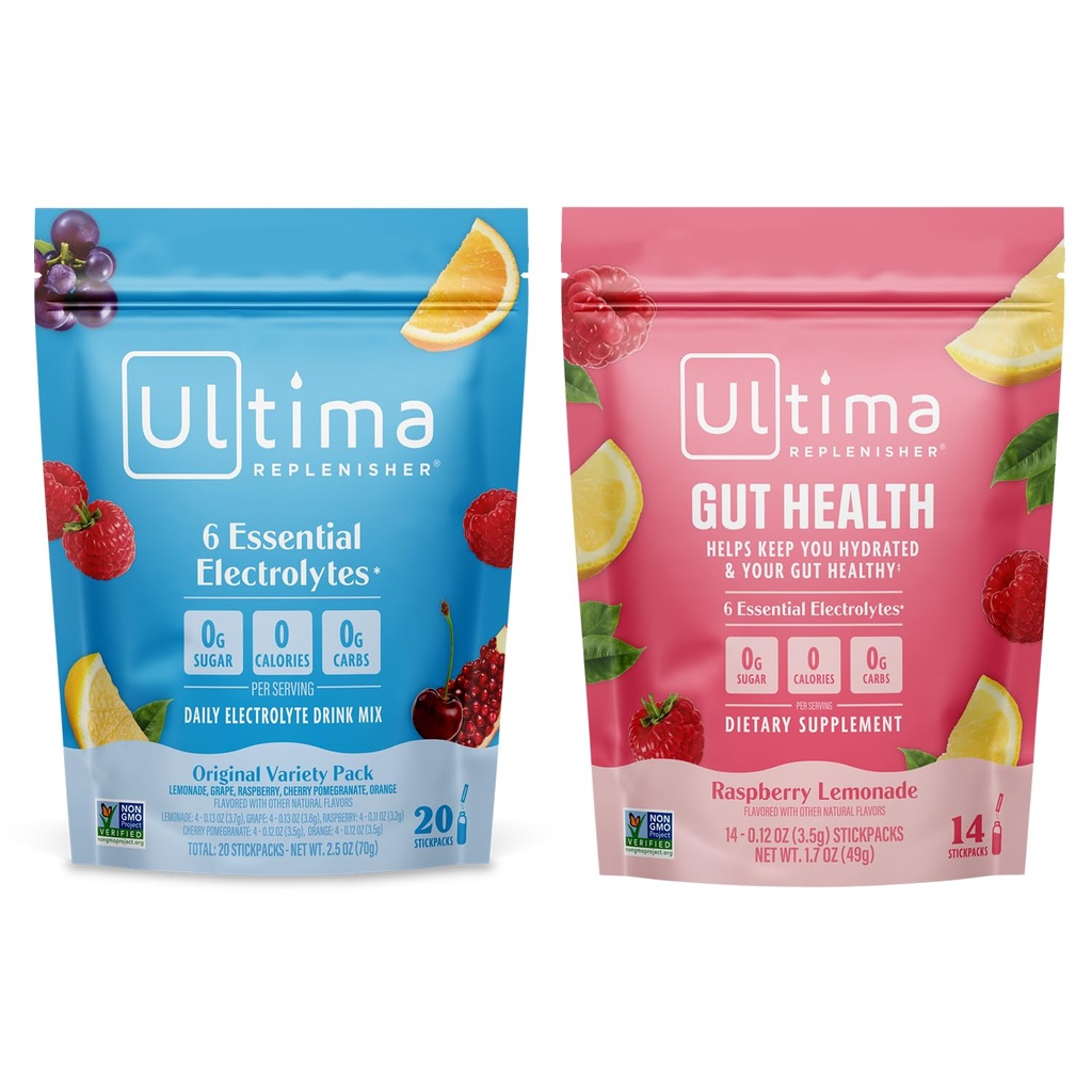 Ultima Replenisher Electrolyte Powder Drink Mix Bundle - Sugar Free - Variety, Gut Health - 20 Stickpacks, 14 Stickpacks - 6 Electrolytes och mineraler - Keto Friendly, Vegan, Non-GMO