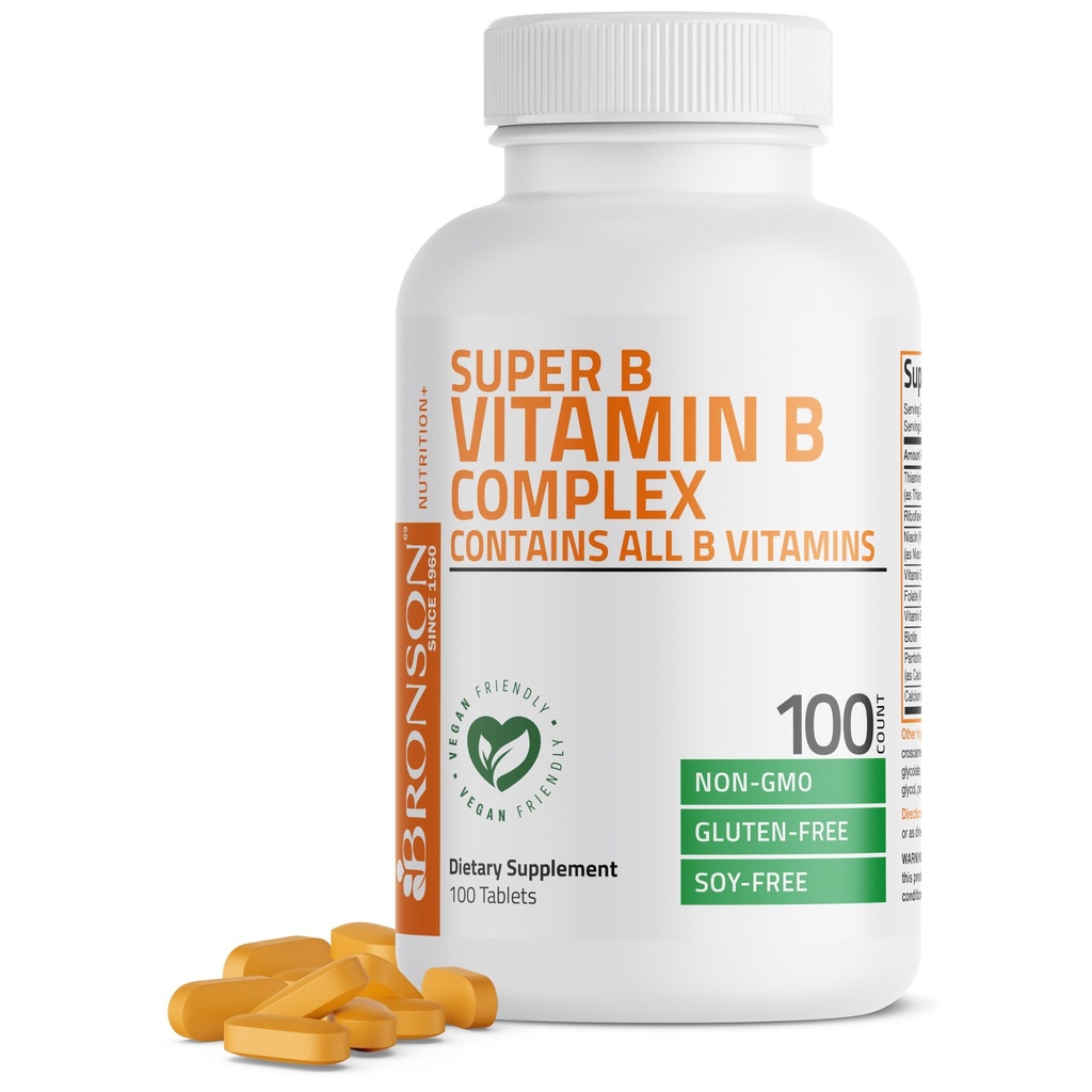 Bronson B-vitamiinikompleksi (B1, B2, B3, B6, B9 - Foolihappo, B12), 100 tablettia