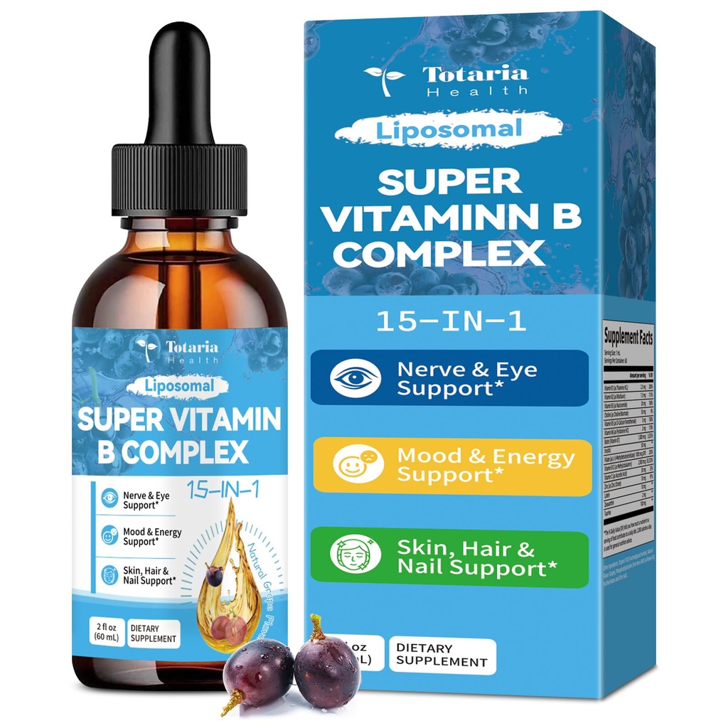 15-i-1 Liposomal Vitamin B Complex Pro, Sugar-free B Complex Drops med B1, B2, B3 Niacinamide, Choline, B5, B6, B7 Biotin, Inositol, Folate, B12, Zink, Lutein, Zeaxanthin, Taurine & Vit. C, 2 fl oz