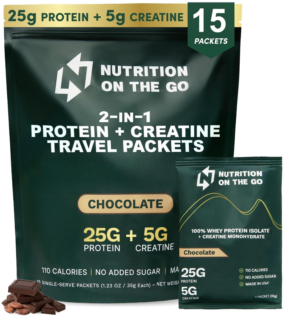 Näring på Go Whey Protein Isolate Packets med Kreatin - 25g Protein + 5g Kreatin - Single-Serve Travel Protein Powder - 5,9 g BCAAs, Keto & Low-Carb, Gluten-Free - Chocolate (15-pack)
