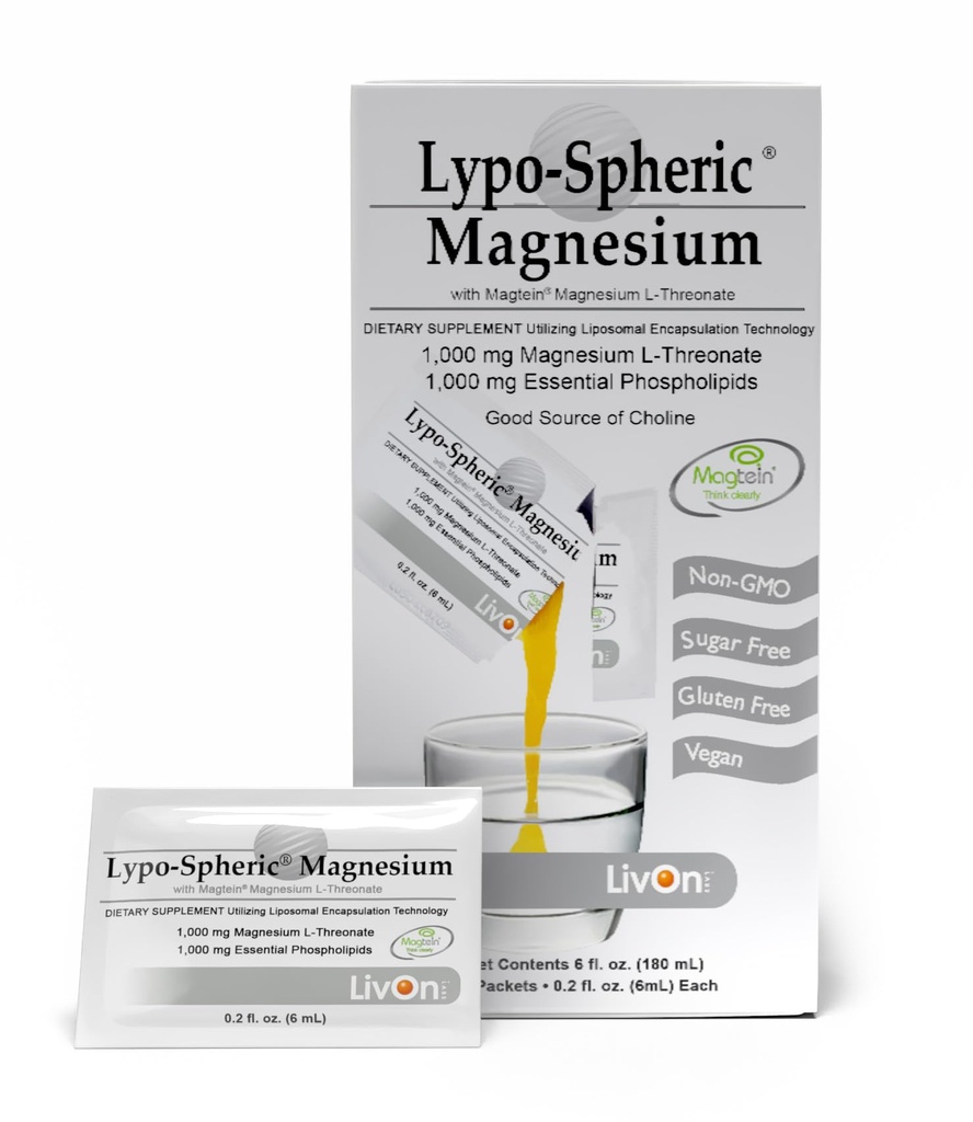 LivOn Laboratories Lypo-Sfäärinen Magnesium L-treonaatti - 30 pakkausta - 77 mg Per pakkaus - Liposome Encapsulated for Maximum Biosability - Professionally Formulated - 100% non-GMO