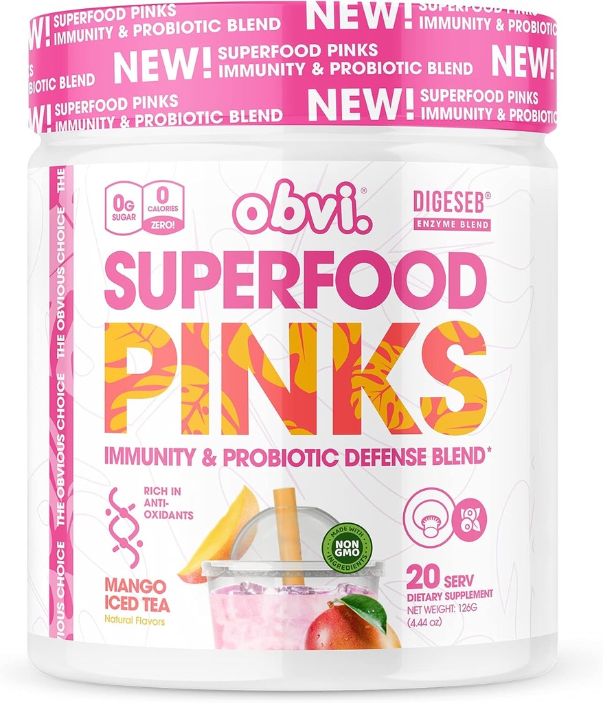 Obvi Superfood Pinks Probiootti Blend ... Rikas antioksidantteja, adaptogeeneja, digestiivinen enzyme Blend, Immuunituki, Gut Health Keto, Gluteeniton, Ei sokeria, 10 miljardia PMY Mango Iced Tea, 20 tarjoilua