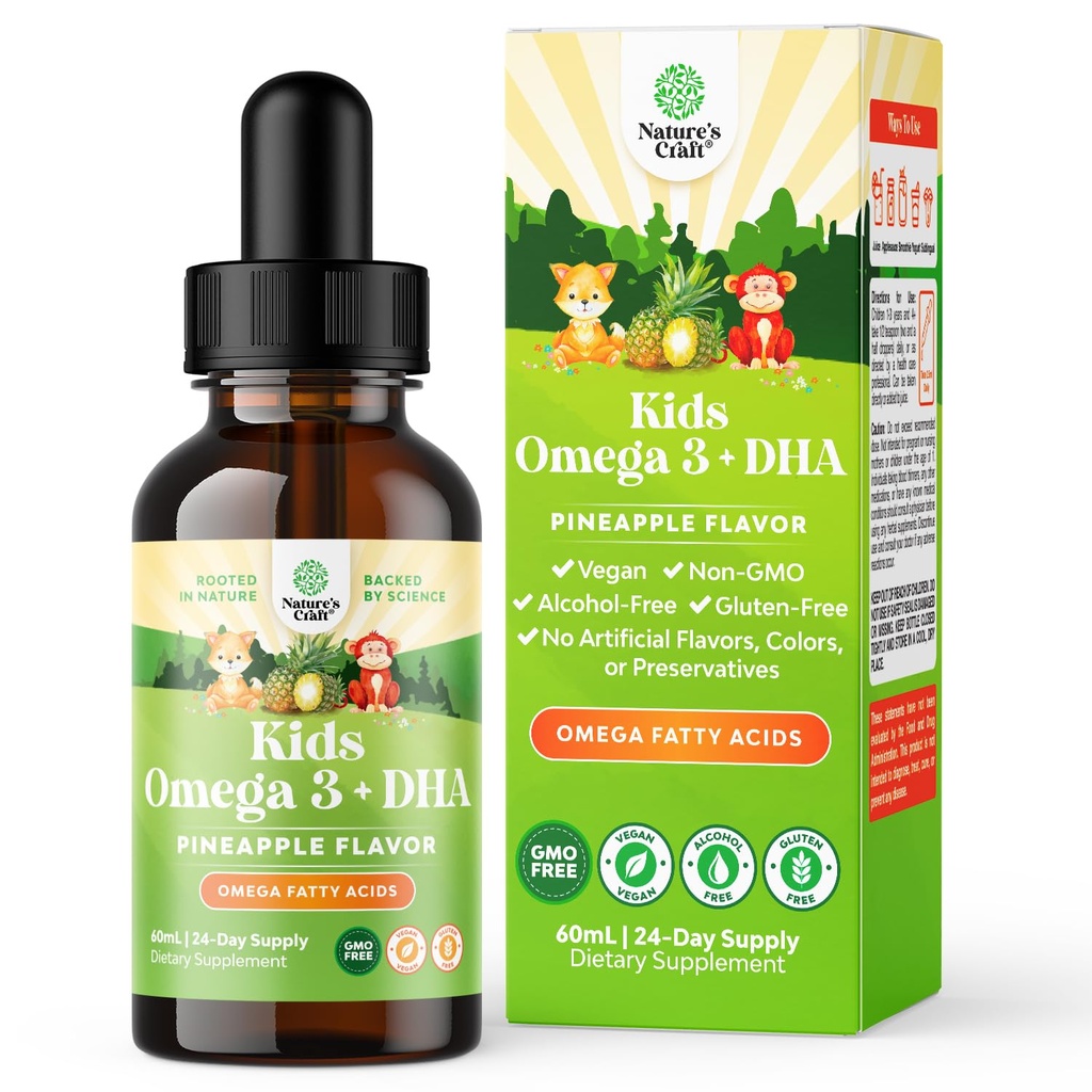 Lapset DHA Omega 3 Drops - rasvahapot Omega 3 6 9 aivoihin, Immuunin vahvuus & Vision - Ravitsemus DHA lapsille terveelle hermostolle & Focus Support - Liquid Supplement with EPA & ALA - 2 Fl Oz