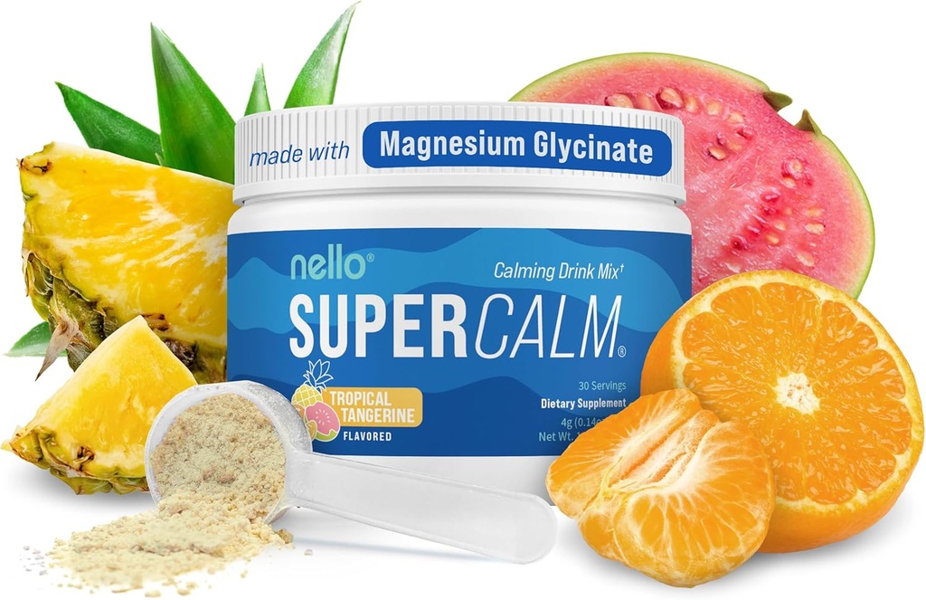 Nello Supercalm Powdered Drink Mix, Tropical Tangerine, L Theanine, Ksm-66 Ashwagandha, Magnesium Glycinate, D-vitamiini 3, lisäravinteet rentoutumista & Focus, Natural, No Sugar, Non GMO, 30 Srvg