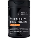 Sports Research Turmeric Curcumin C3 Complex 500 mg, Enhanced & Black Pepper and Organic Coconut Oil for Better Absorption; Ei-GMO and Gluteenittomat - Standardoidut 95% Curcuminoidit (60 kreivi Pehmeät)