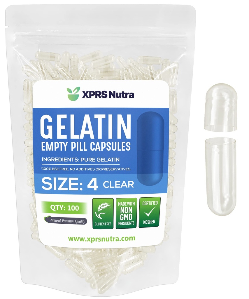 XPRS Nutra Size 4 Empty Capsules - 100 Count Small Clear Empty Gelatin Capsules - Pills DIY Capsule Fyllbara Pure Bovine Pill Gel Caps för Do-It-Yourself Supplements